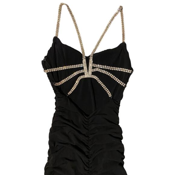 Cache Bodycon Ruched Mini Dress US 2 Black Open Back Rhinestone Party Black Tie - Picture 4 of 11
